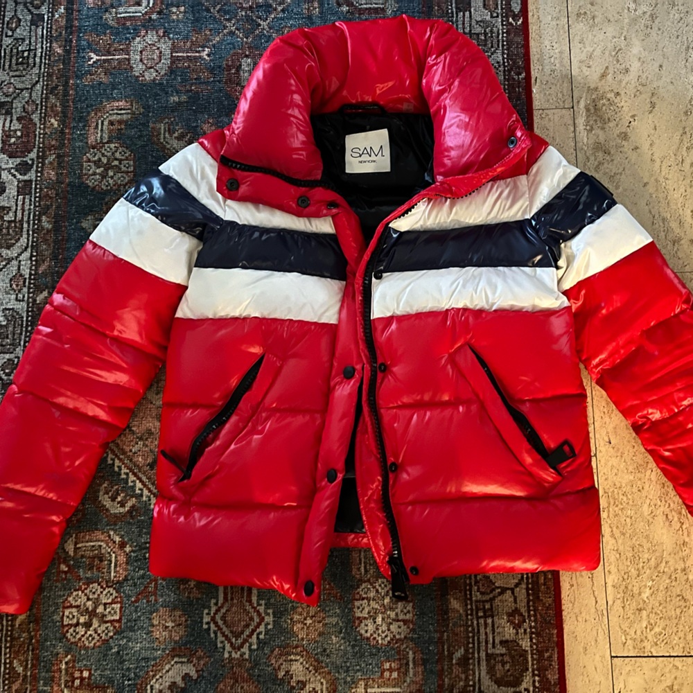 Women’s Sam. Lindsey Colorblock Stripe Retro Puffer Jacket - cherry red